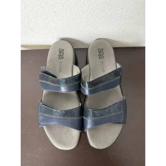 SAS Nudu Leather Slide Sandal Sz 11 Blue Metallic Summer Comfort Slip On $159 - Picture 2 of 9